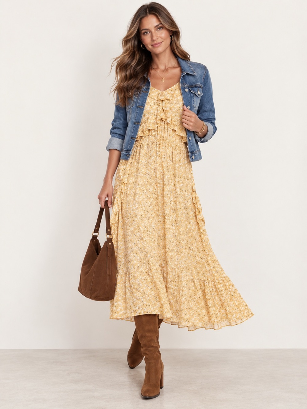 Yellow Floral Ruffle boho Dress women’s small